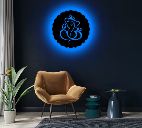 Lord Ganesha 3D LED Backlit Wooden Wall Art | Divine Ganpati Sign for Home Mandir