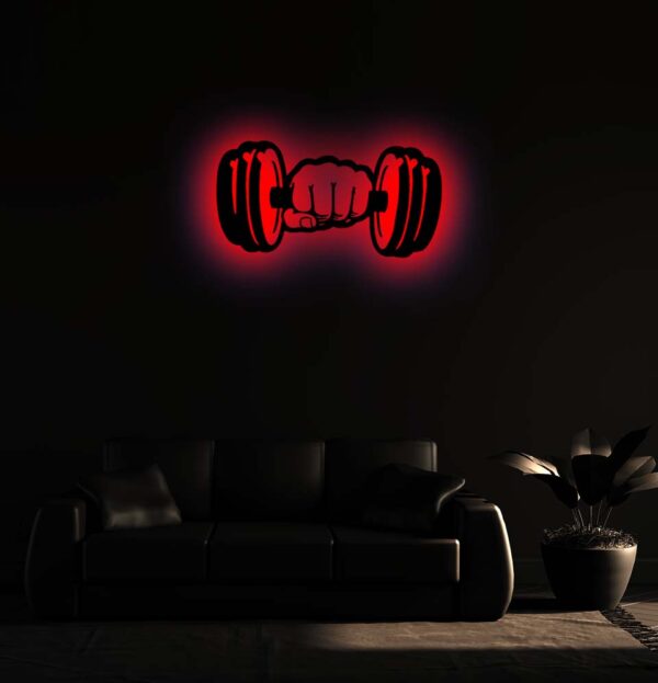 Gym Dumbbell 3D LED Backlit Wooden Wall Art | Fitness Workout Motivational Light Sign for Gym, Home